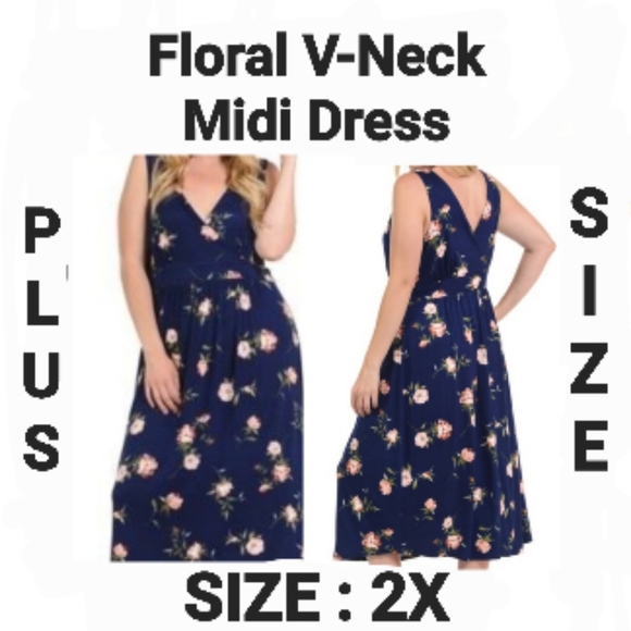 Floral V-Neck Midi Plus Size Dress - Picture 1 of 4